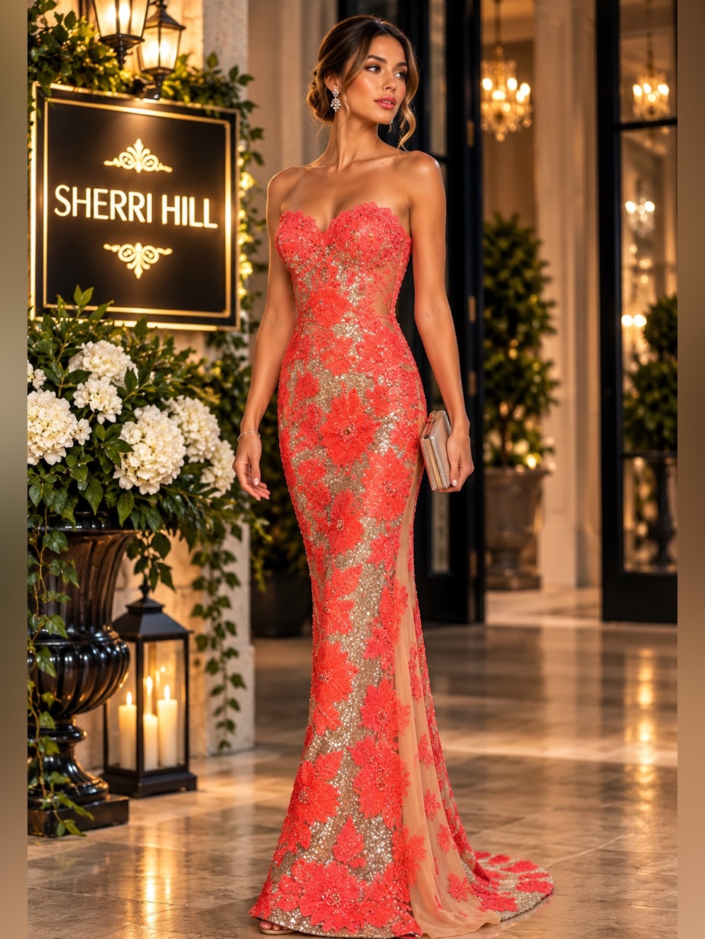 VTG Sherri Hill Coral Sequin Beaded Illusion Evening Gown,Statement,Size 8